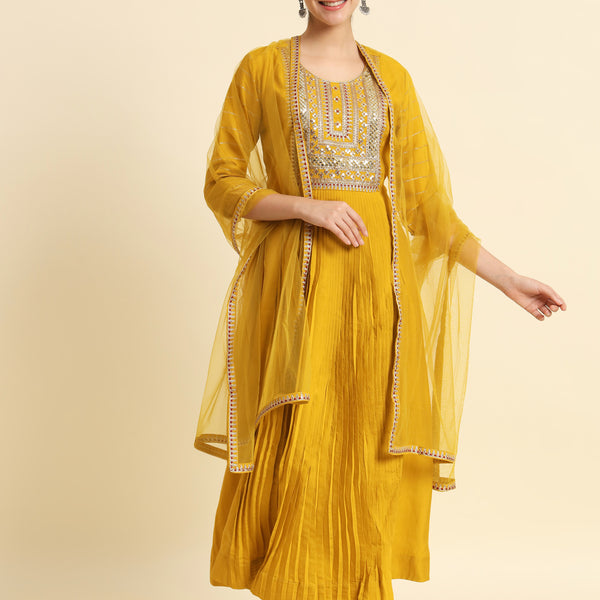 The52 Sequence Embroidered Plating Work Mustard Yellow Pure Chanderi Silk Flare Kurta With Pant & Dupatta Set - Distacart