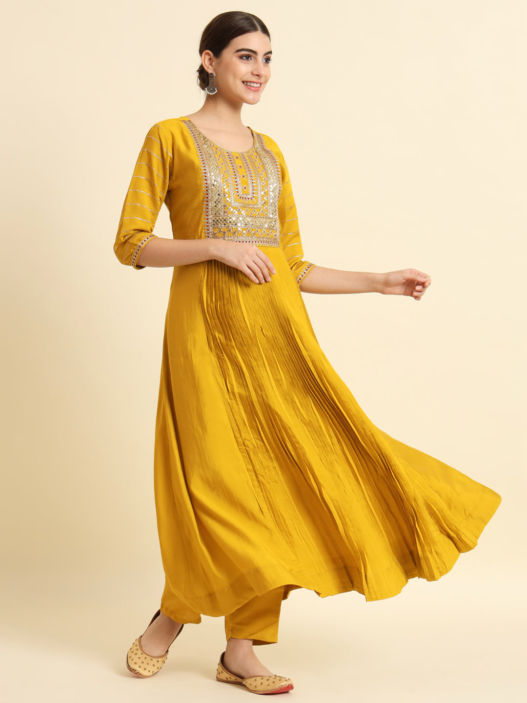 The52 Sequence Embroidered Plating Work Mustard Yellow Pure Chanderi Silk Flare Kurta With Pant & Dupatta Set