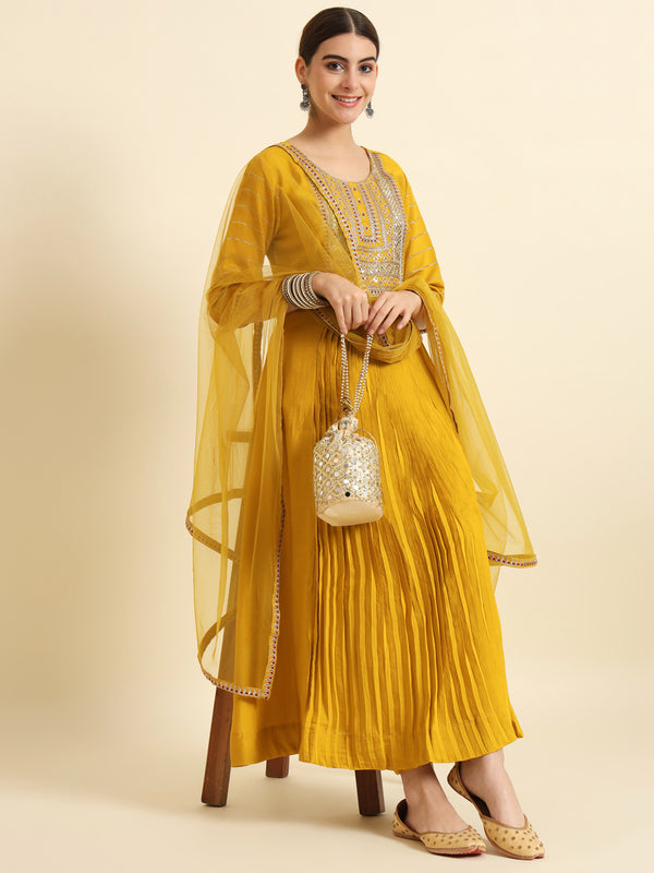 The52 Sequence Embroidered Plating Work Mustard Yellow Pure Chanderi Silk Flare Kurta With Pant & Dupatta Set