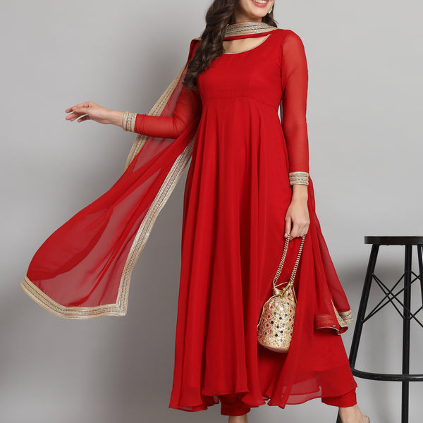 Fab Fashion Cherry Red Georgette Gota Anarkali Set - Distacart