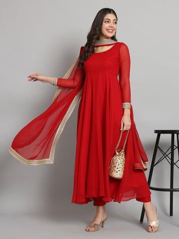 Fab Fashion Cherry Red Georgette Gota Anarkali Set - Distacart