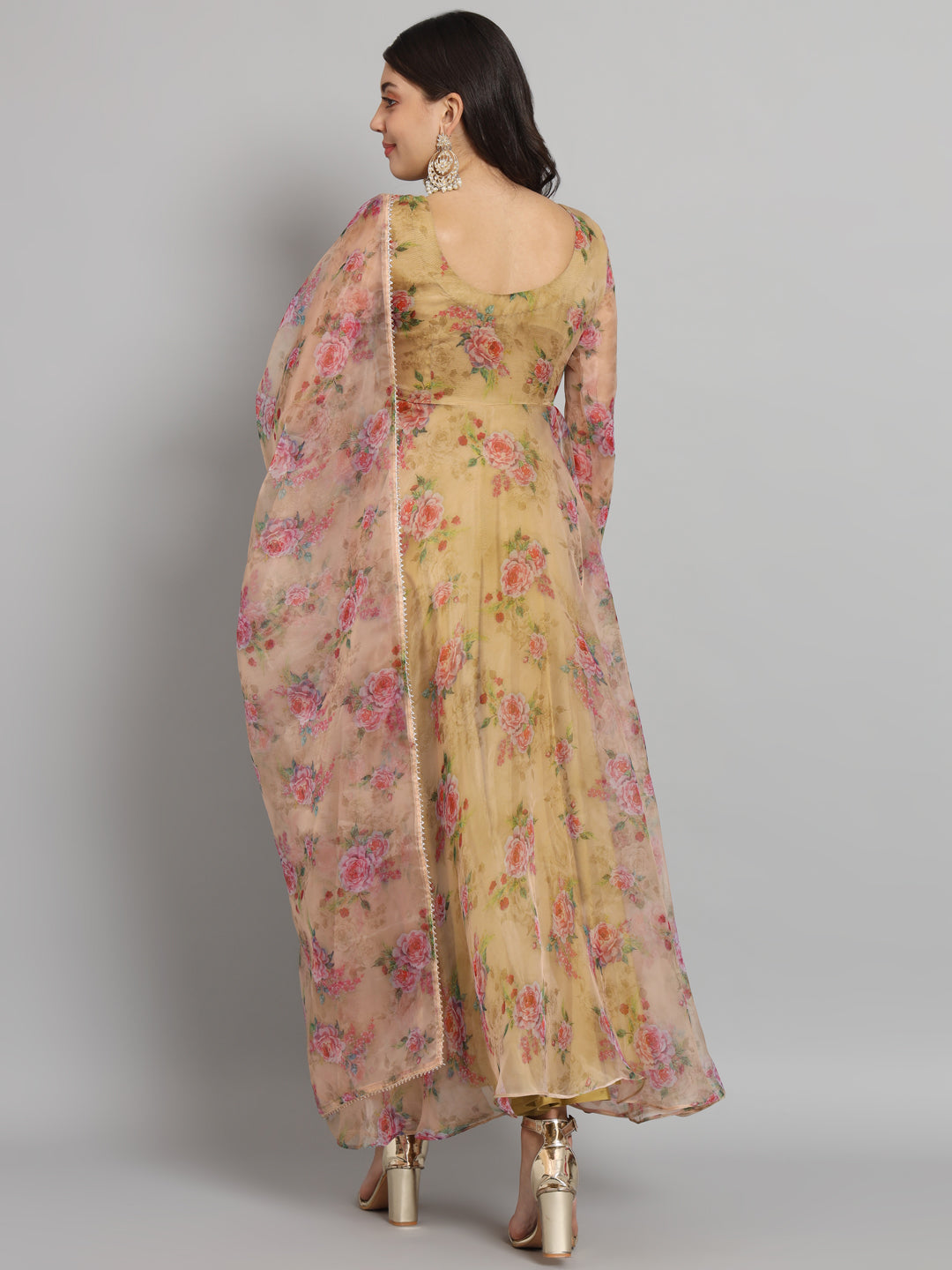 Fab Fashion Pink Floral Golden Organza Anarkali Set - Distacart