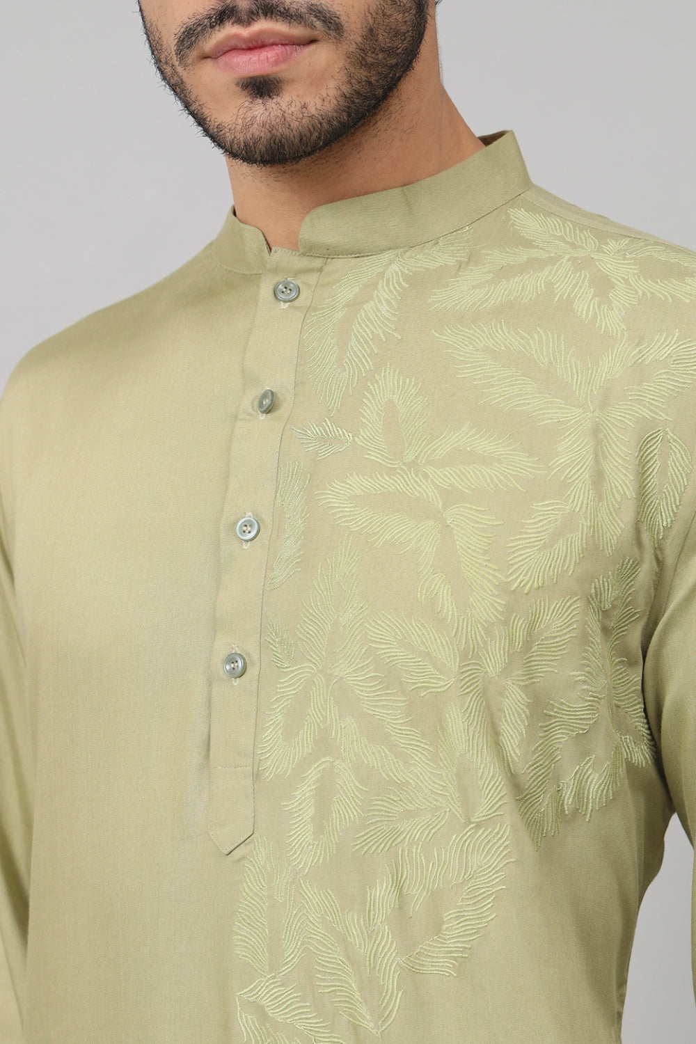 Leafy Embroidered Cotton Kurta by Hilo Design - Distacart