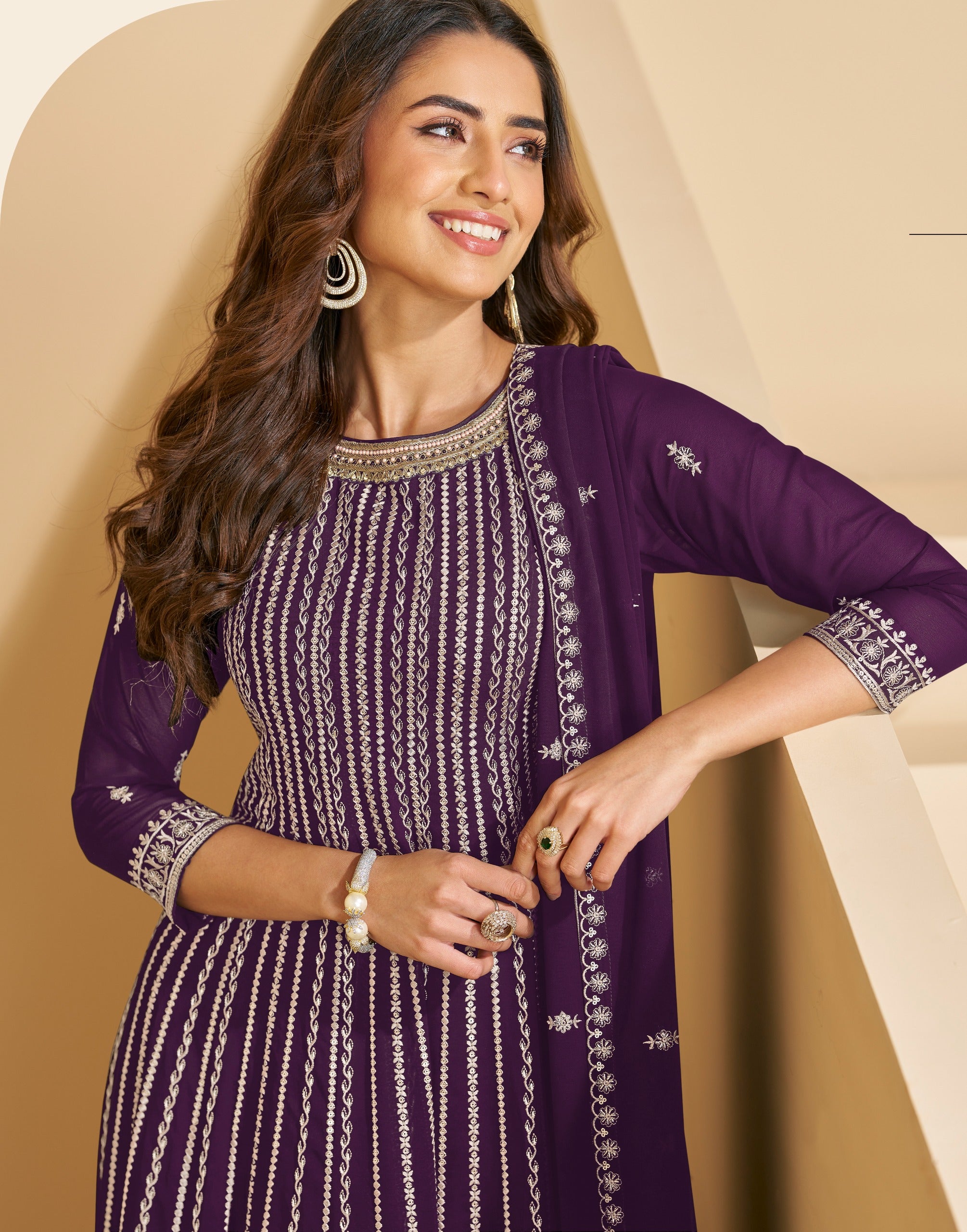 Anaita Violet Faux Georgette Stitched Plazzo Suit with Sequence Work - Distacart