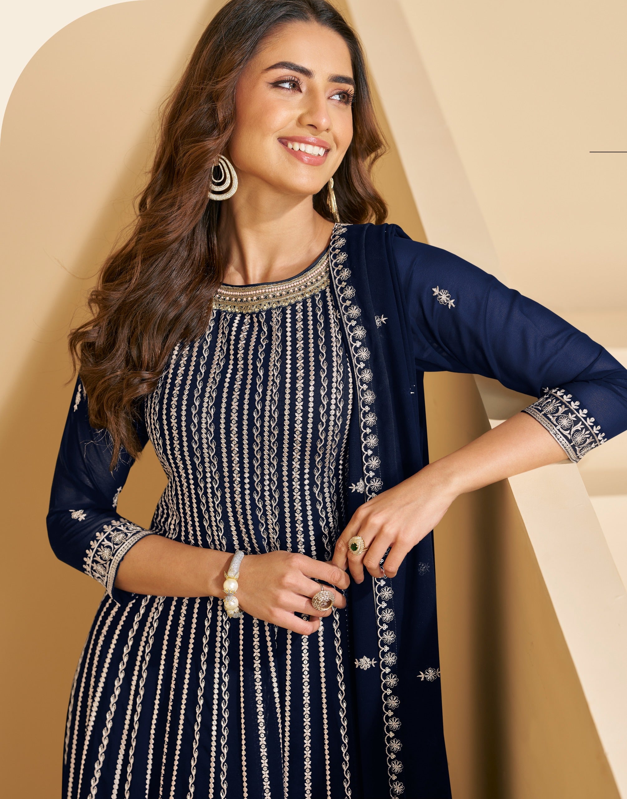 Anaita Navy Faux Georgette Stitched Plazzo Suit with Sequence Work - Distacart