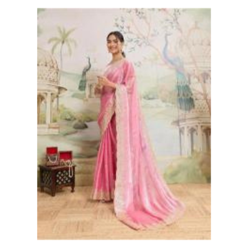 Dwija Fashion Pink Party Wear Embroidered Jimmy Choo Organza Saree With Unstitched Blouse - Dista
