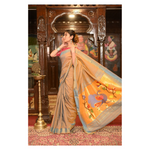 Thumbnail for Very Much Indian Authentic Handloom Pure Cotton Paithani with Handcrafted Peacock Pallu - Powder Blue Gold - Distacart