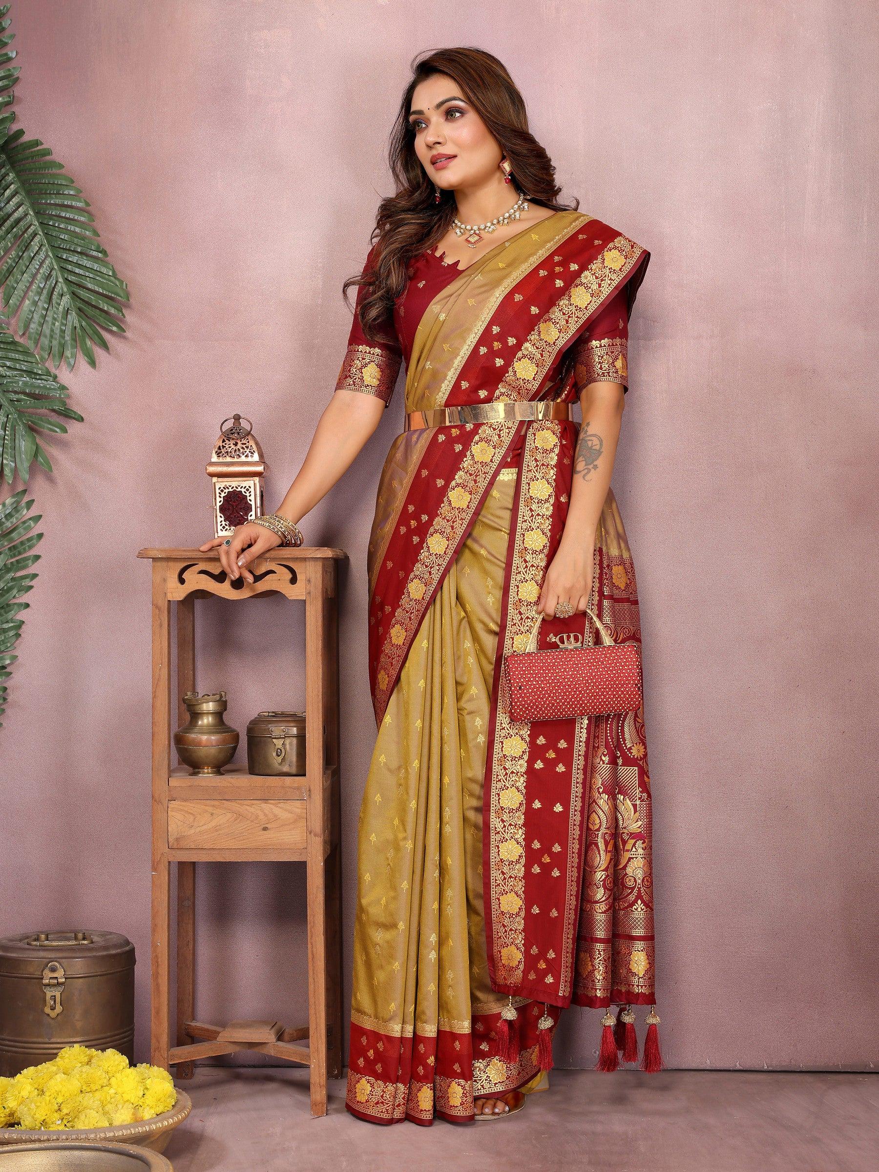 Anaita Gold Handloom Kalamkari Silk Saree With Zari Woven Work - Distacart