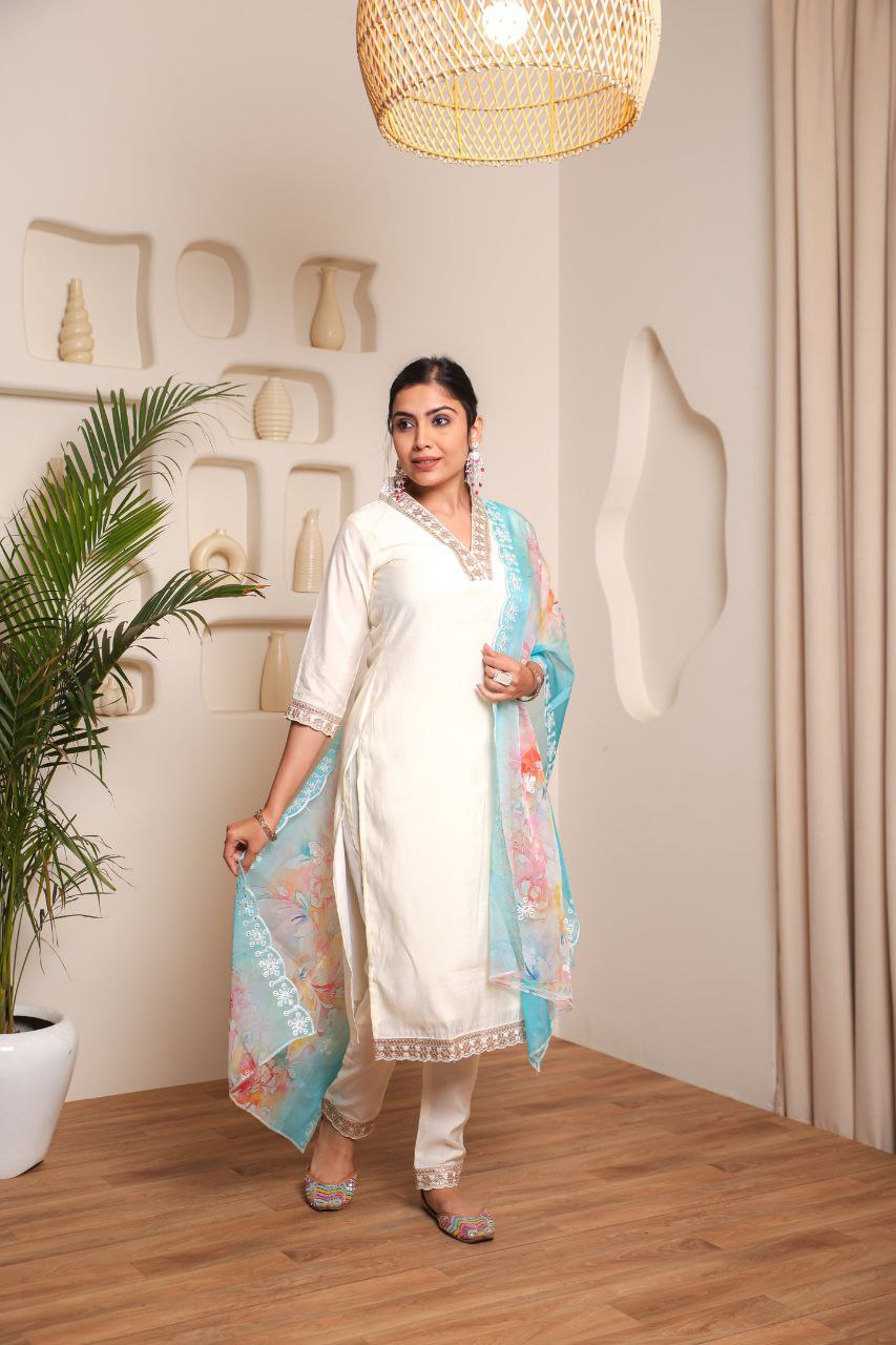 Lorenvalley Offwhite Chanderi Cotton Embroidered Work Kurta Set - Distacart