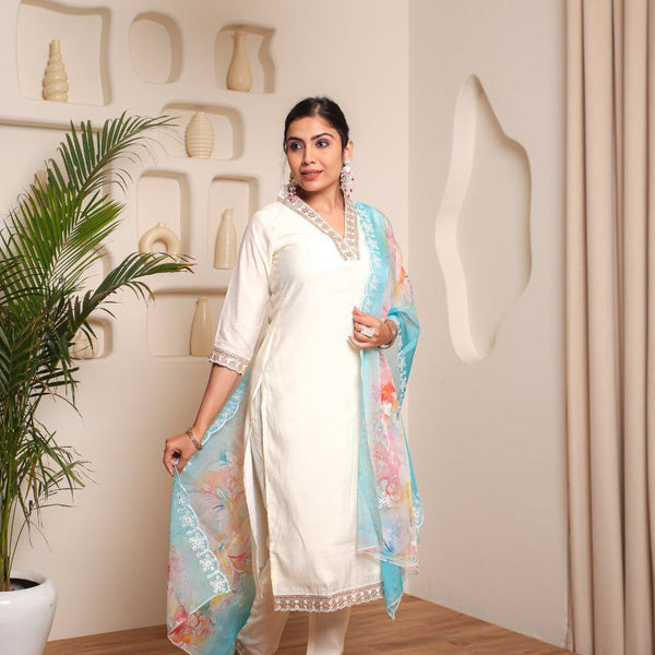 Lorenvalley Offwhite Chanderi Cotton Embroidered Work Kurta Set - Distacart