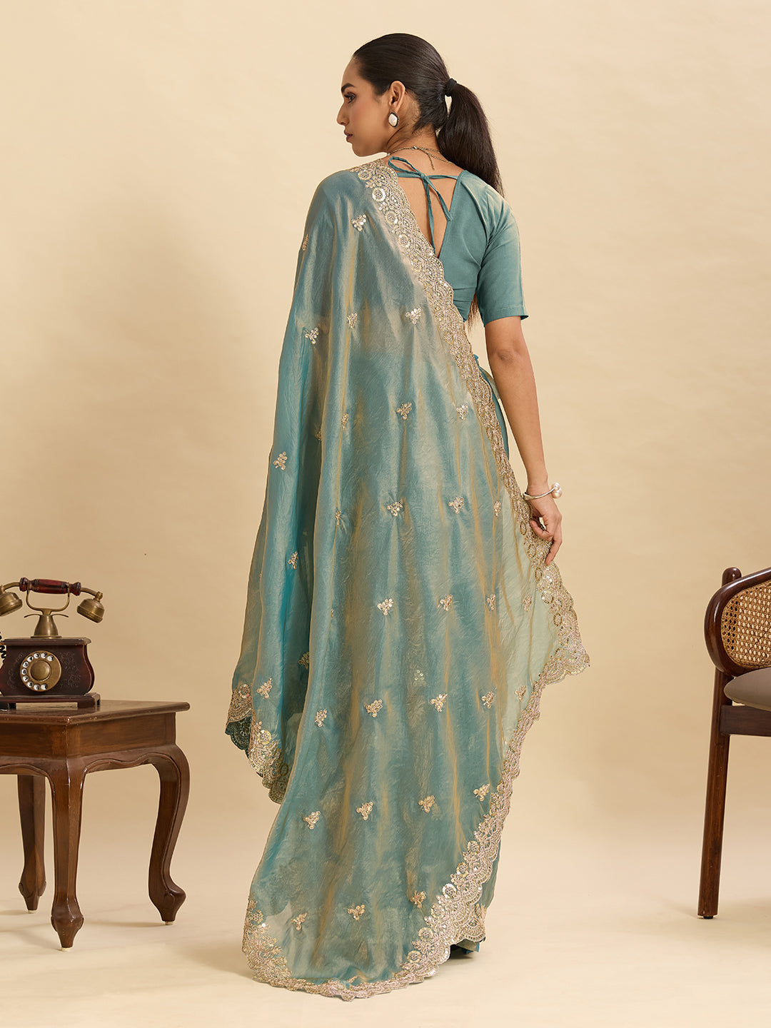 Lorenvalley Fashion Seagreen Fendy Satin with Embroidery Double Sequence Work Saree with Blouse