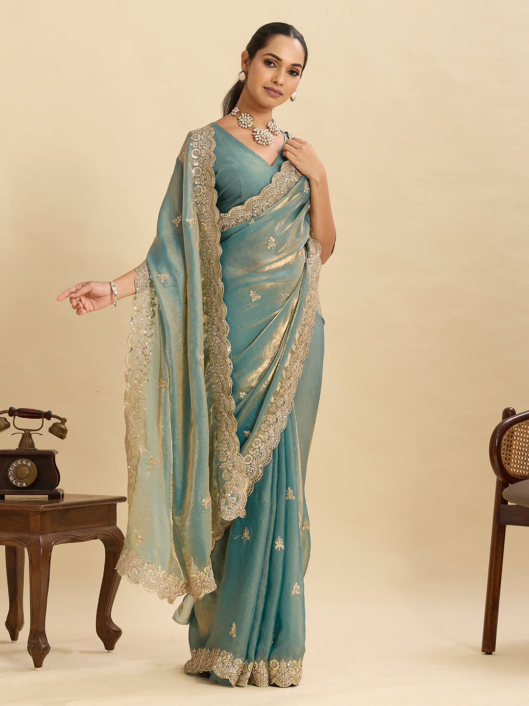 Lorenvalley Fashion Seagreen Fendy Satin with Embroidery Double Sequence Work Saree with Blouse