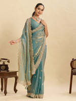 Thumbnail for Lorenvalley Fashion Seagreen Fendy Satin with Embroidery Double Sequence Work Saree with Blouse