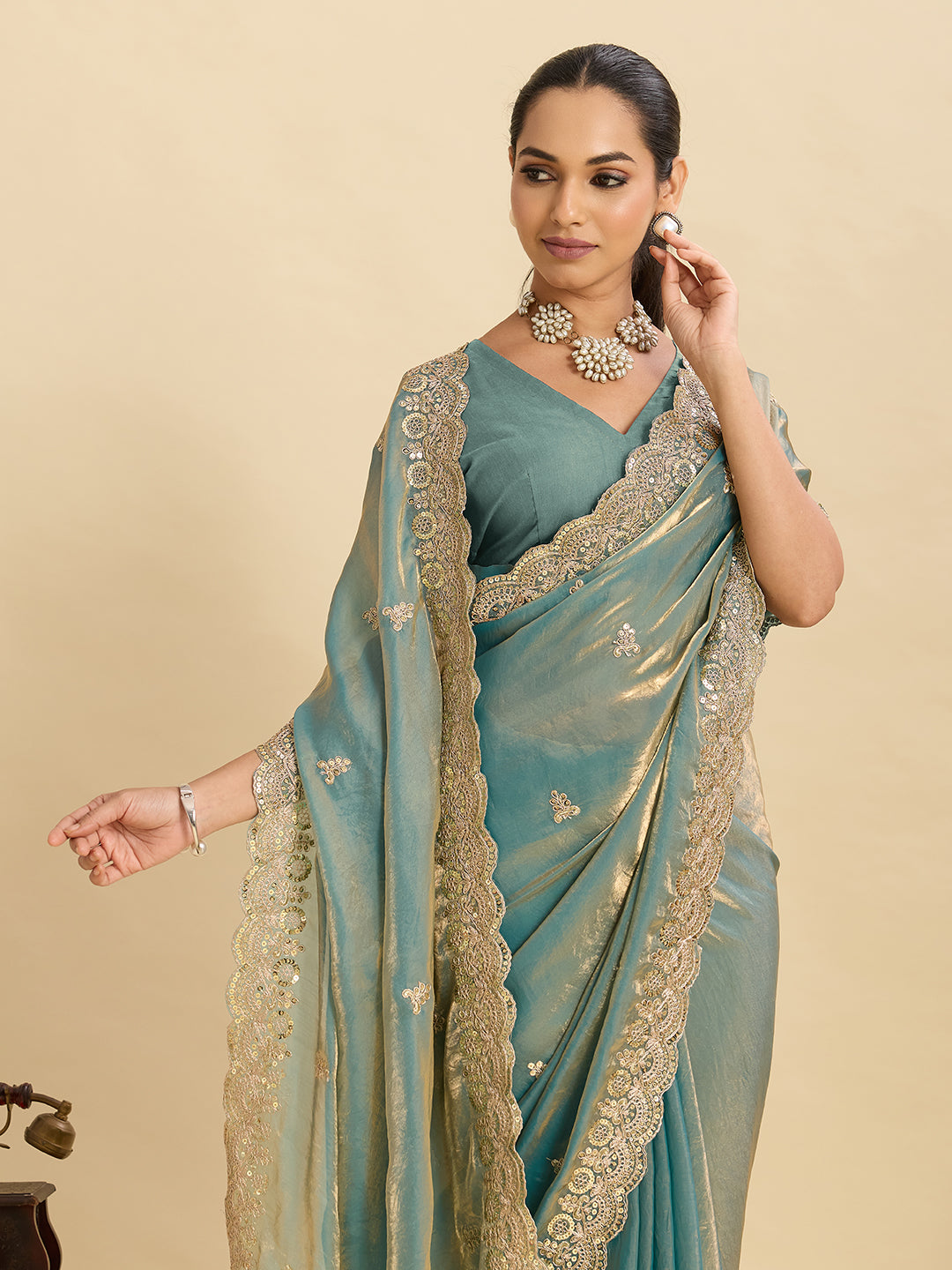 Lorenvalley Fashion Seagreen Fendy Satin with Embroidery Double Sequence Work Saree with Blouse