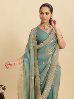 Thumbnail for Lorenvalley Fashion Seagreen Fendy Satin with Embroidery Double Sequence Work Saree with Blouse