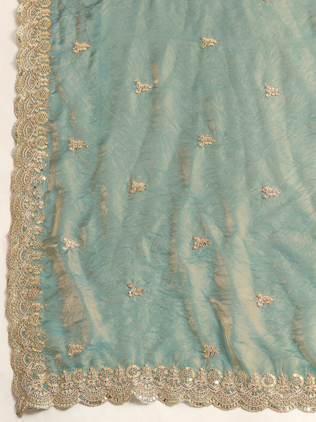 Lorenvalley Fashion Seagreen Fendy Satin with Embroidery Double Sequence Work Saree with Blouse