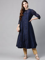 Thumbnail for Juniper Indigo Solid Chanderi Kalidar A-line Women Kurta With Buttons - Distacart