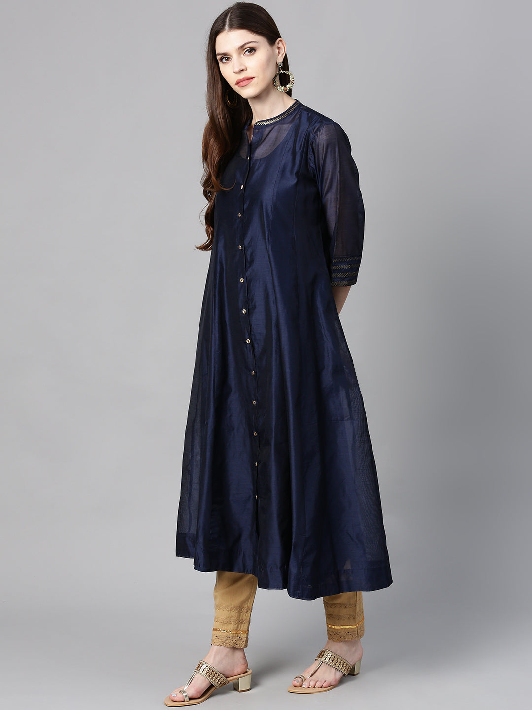 Juniper Indigo Solid Chanderi Kalidar A-line Women Kurta With Buttons - Distacart