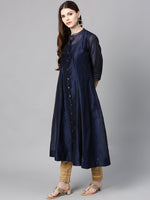 Thumbnail for Juniper Indigo Solid Chanderi Kalidar A-line Women Kurta With Buttons - Distacart