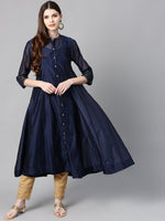 Thumbnail for Juniper Indigo Solid Chanderi Kalidar A-line Women Kurta With Buttons - Distacart