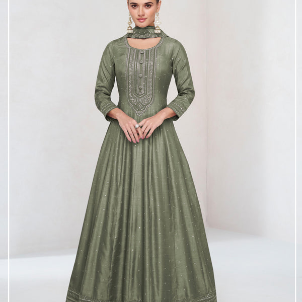 Anaita Light Olive Embroidered Vichitra Silk Stitched Anarkali Suit - Distacart