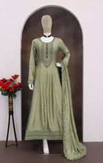 Thumbnail for Anaita Light Olive Embroidered Vichitra Silk Stitched Anarkali Suit - Distacart
