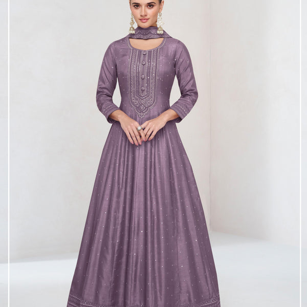 Anaita Lavender Embroidered Vichitra Silk Stitched Anarkali Suit - Distacart
