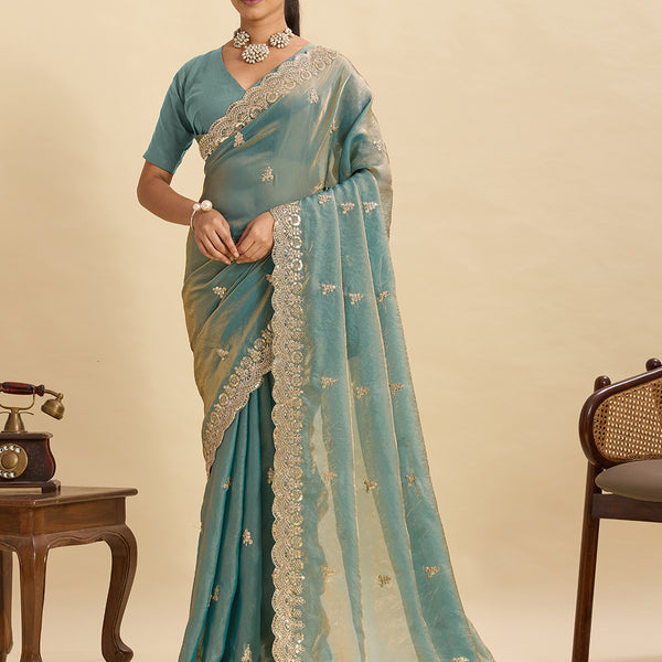 Lorenvalley Fashion Seagreen Fendy Satin with Embroidery Double Sequence Work Saree with Blouse - Distacart