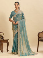 Thumbnail for Lorenvalley Fashion Seagreen Fendy Satin with Embroidery Double Sequence Work Saree with Blouse