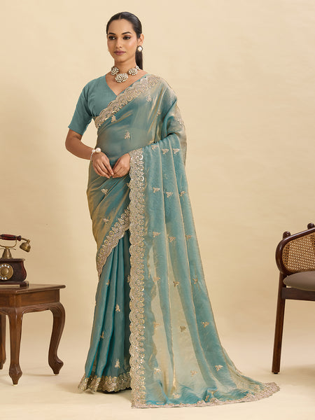 Lorenvalley Fashion Seagreen Fendy Satin with Embroidery Double Sequence Work Saree with Blouse