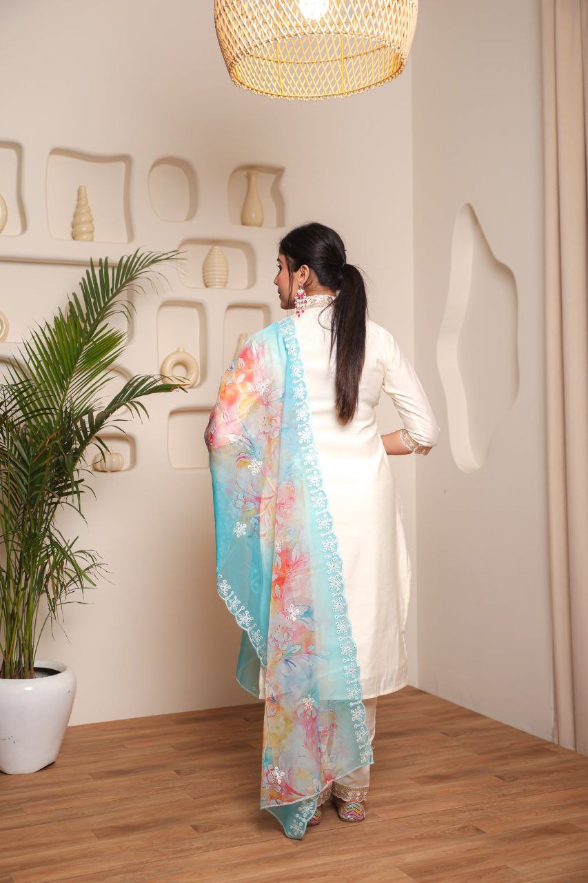 Lorenvalley Offwhite Chanderi Cotton Embroidered Work Kurta Set - Distacart