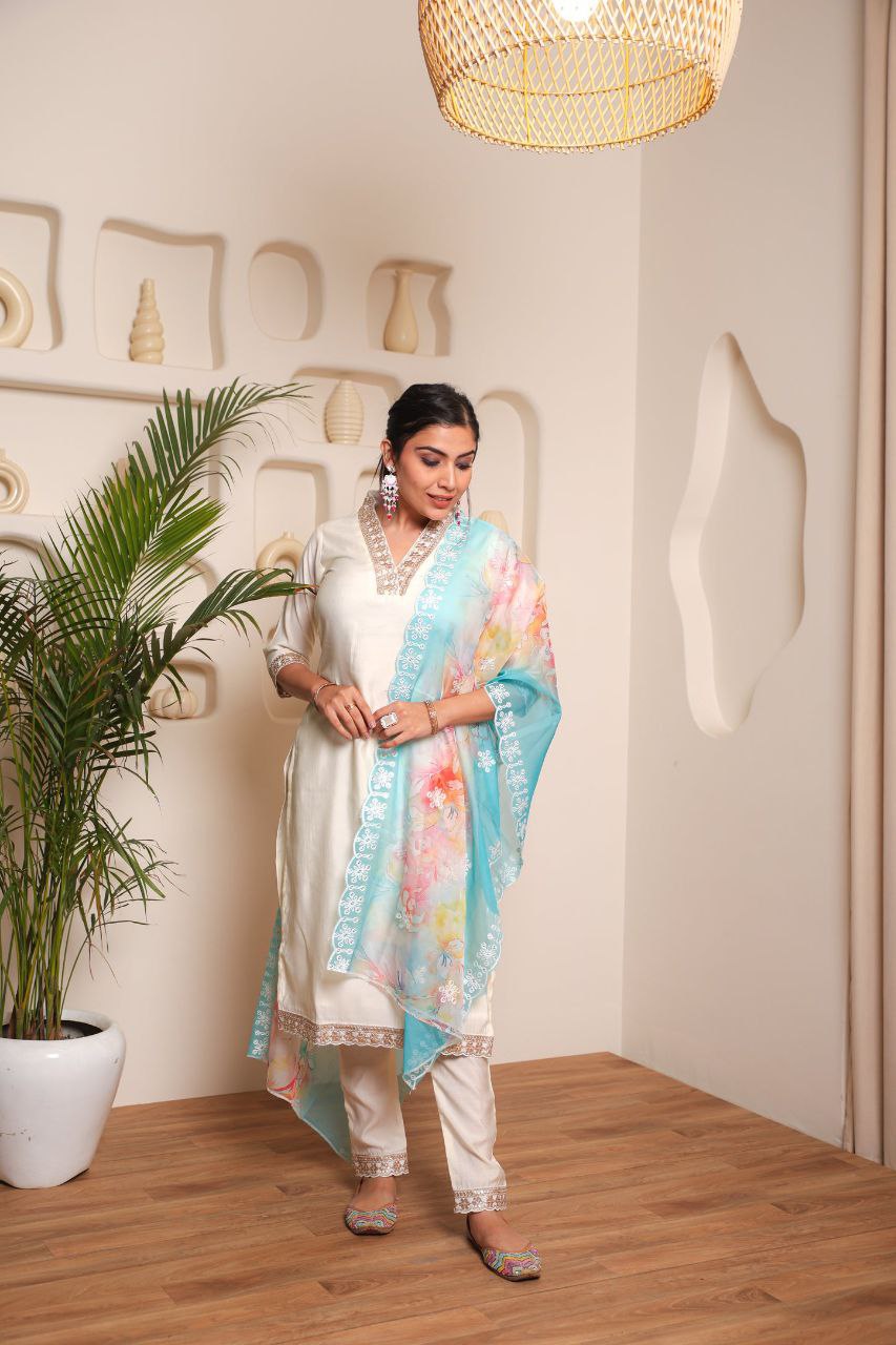 Lorenvalley Offwhite Chanderi Cotton Embroidered Work Kurta Set - Distacart