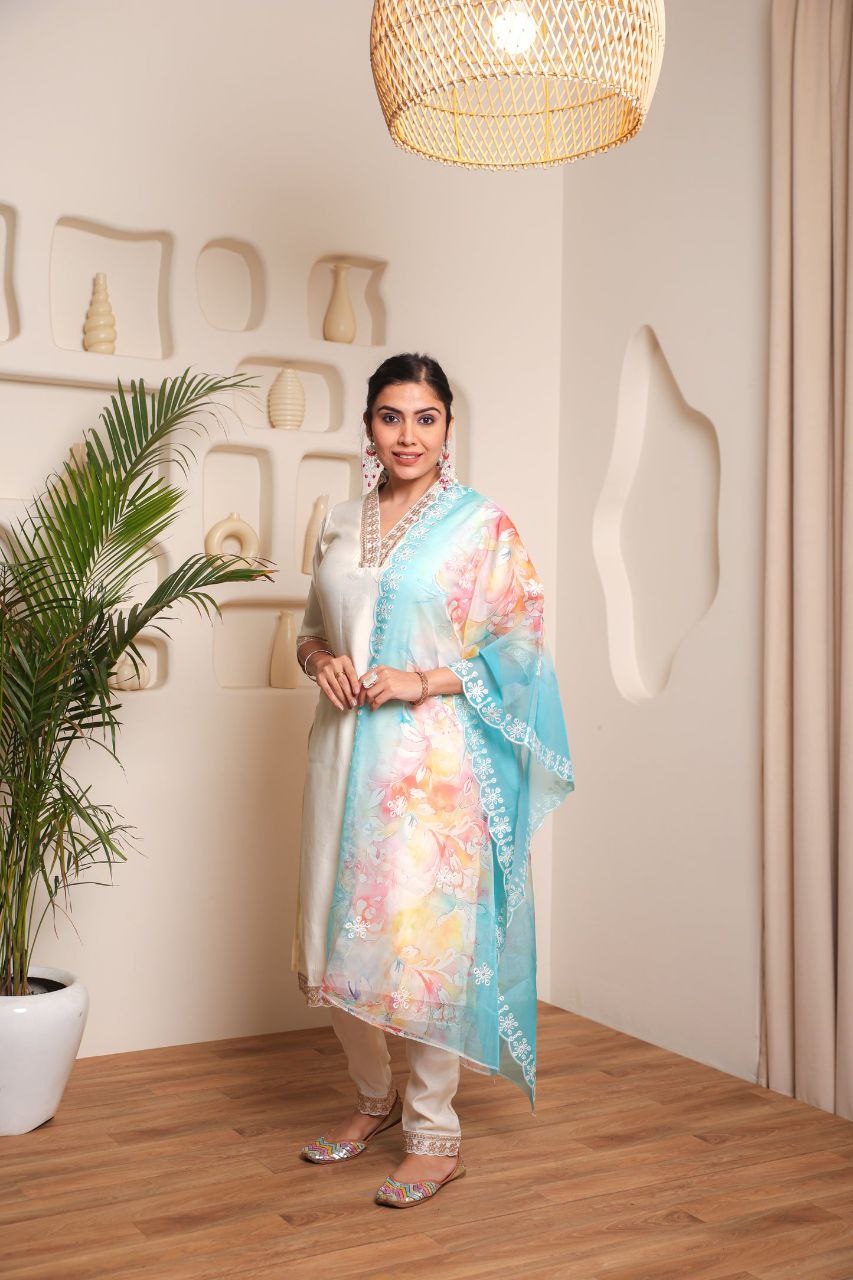 Lorenvalley Offwhite Chanderi Cotton Embroidered Work Kurta Set - Distacart