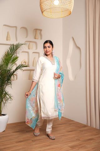 Lorenvalley Offwhite Chanderi Cotton Embroidered Work Kurta Set - Distacart