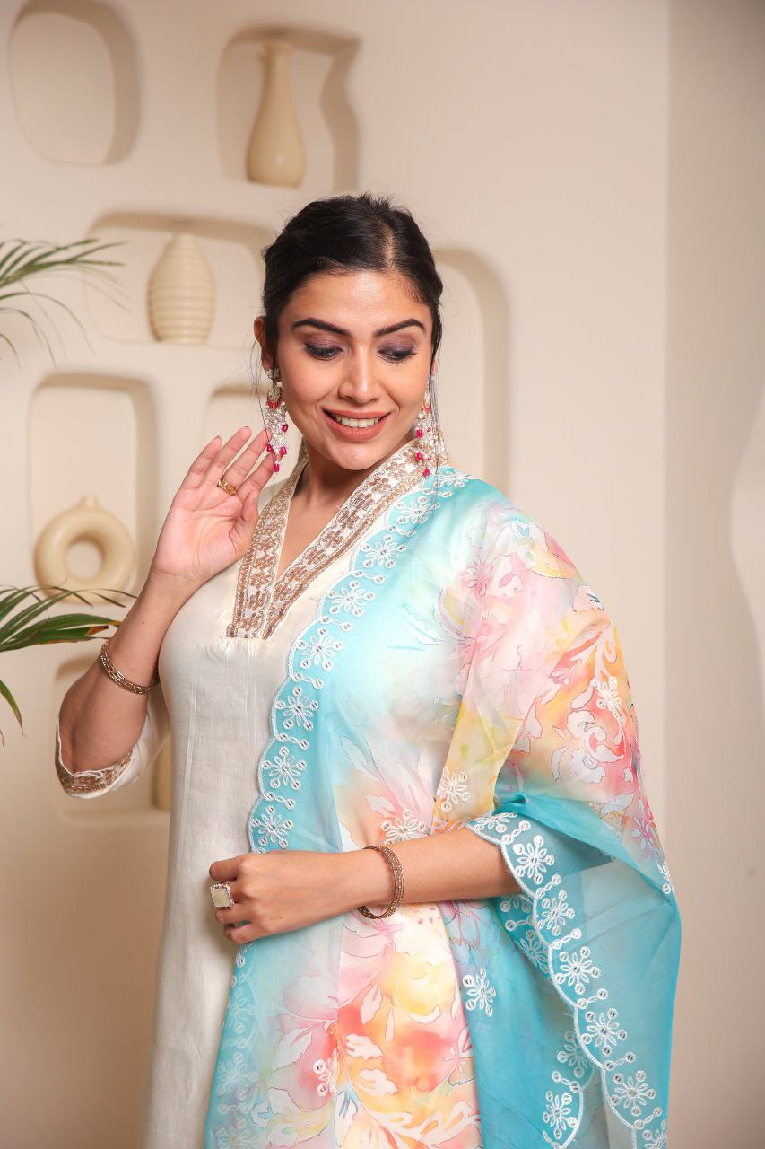 Lorenvalley Offwhite Chanderi Cotton Embroidered Work Kurta Set
