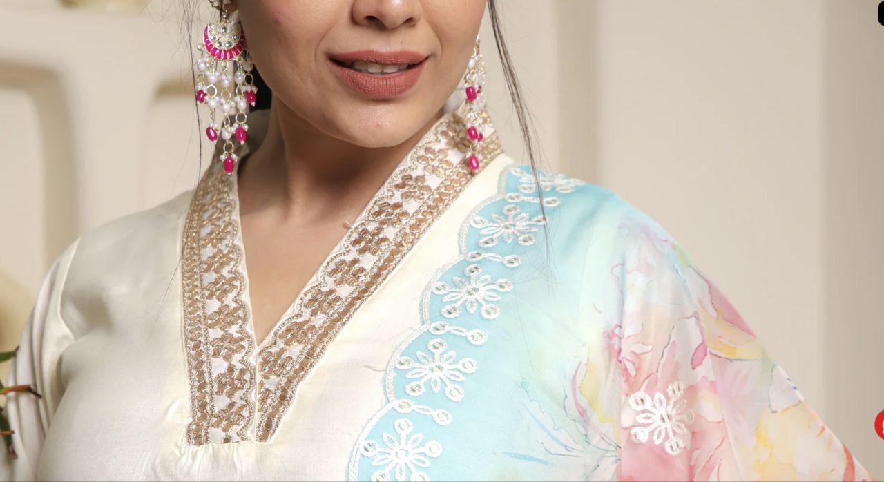 Lorenvalley Offwhite Chanderi Cotton Embroidered Work Kurta Set - Distacart