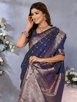 Thumbnail for Anaita Dark Navy Blue Premium Banarasi Tissue Silk Saree With Gala Weaving Work - Distacart