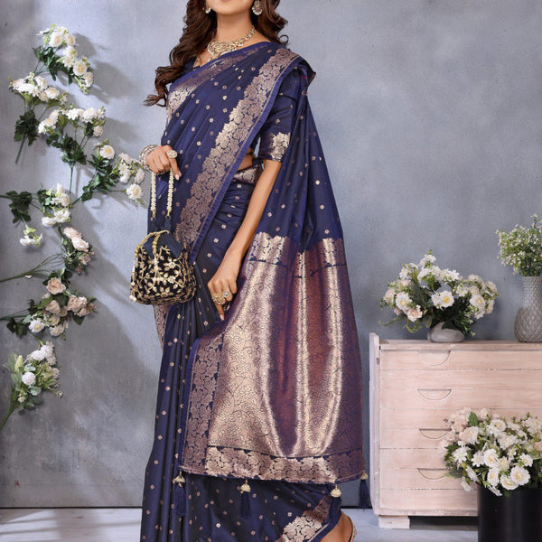 Anaita Dark Navy Blue Premium Banarasi Tissue Silk Saree With Gala Weaving Work - Distacart