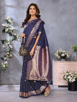 Thumbnail for Anaita Dark Navy Blue Premium Banarasi Tissue Silk Saree With Gala Weaving Work - Distacart
