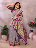 Thumbnail for Anaita Purple Handloom Kalamkari Silk Saree With Zari Woven Work - Distacart