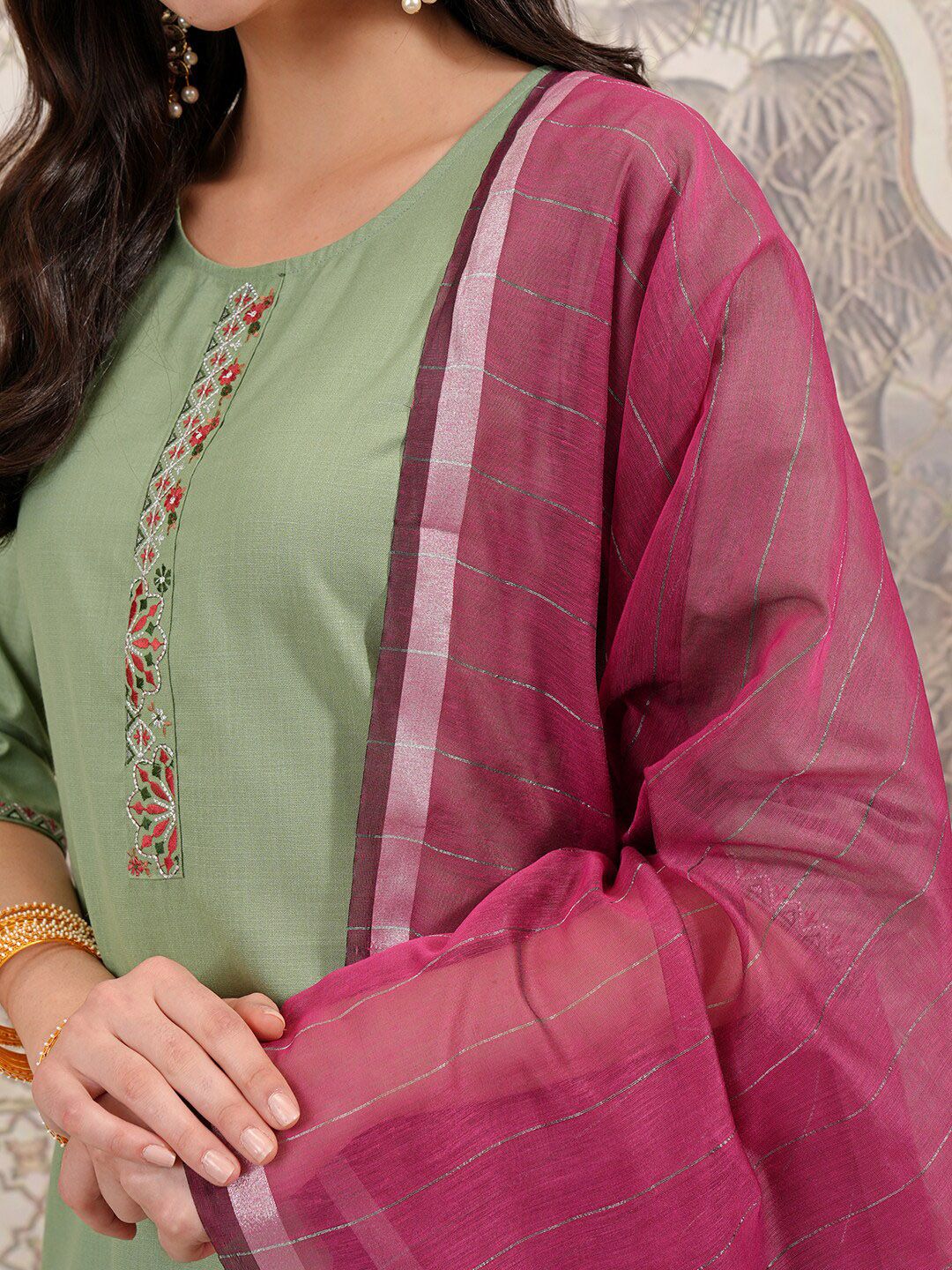 Vishudh Green Embroidered Thread Work Kurta with Trouser & Dupatta - Distacart