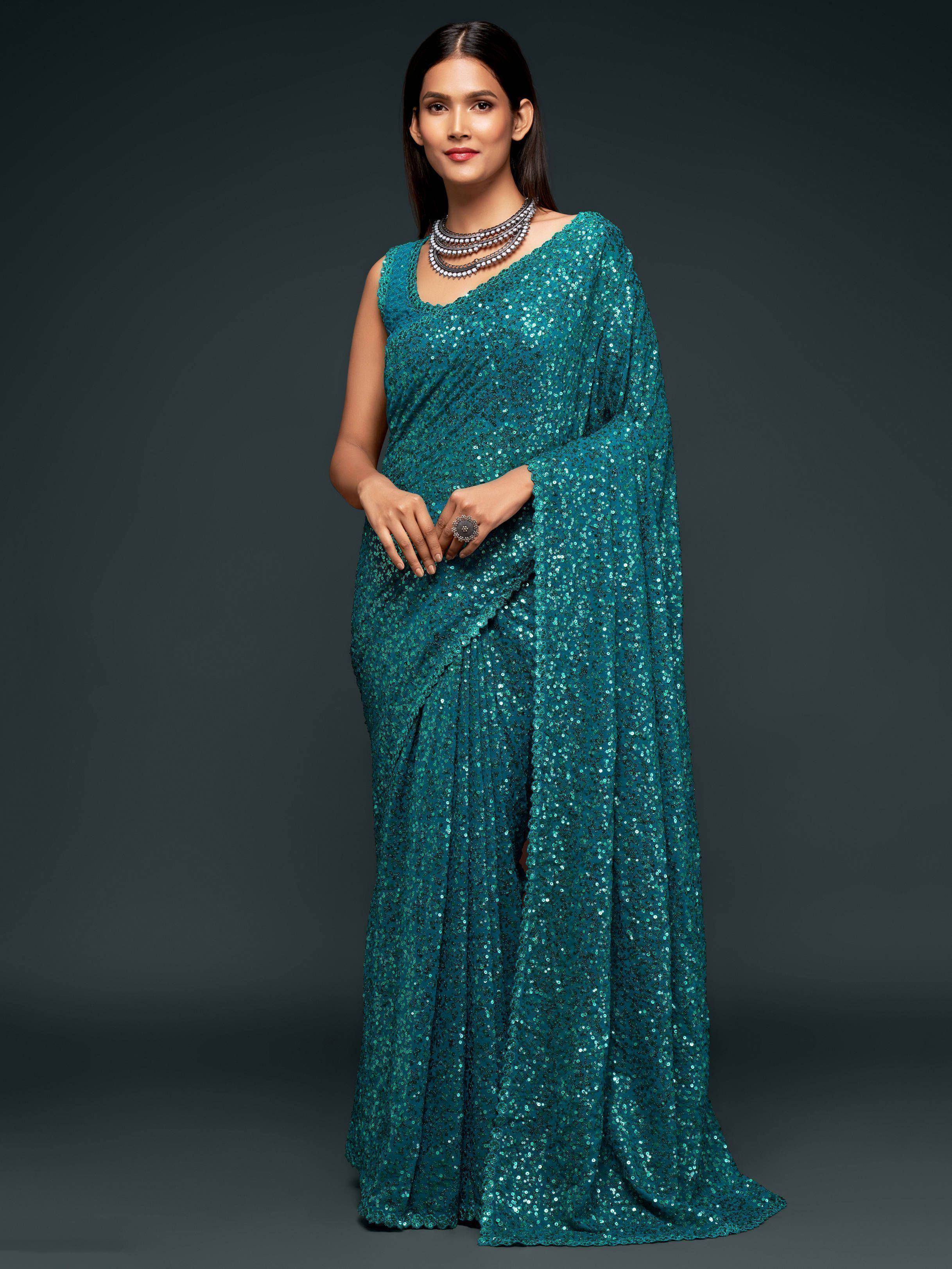 Tulsi Art Teal Blue Fully Sequined Georgette Party Wear Saree - Dista