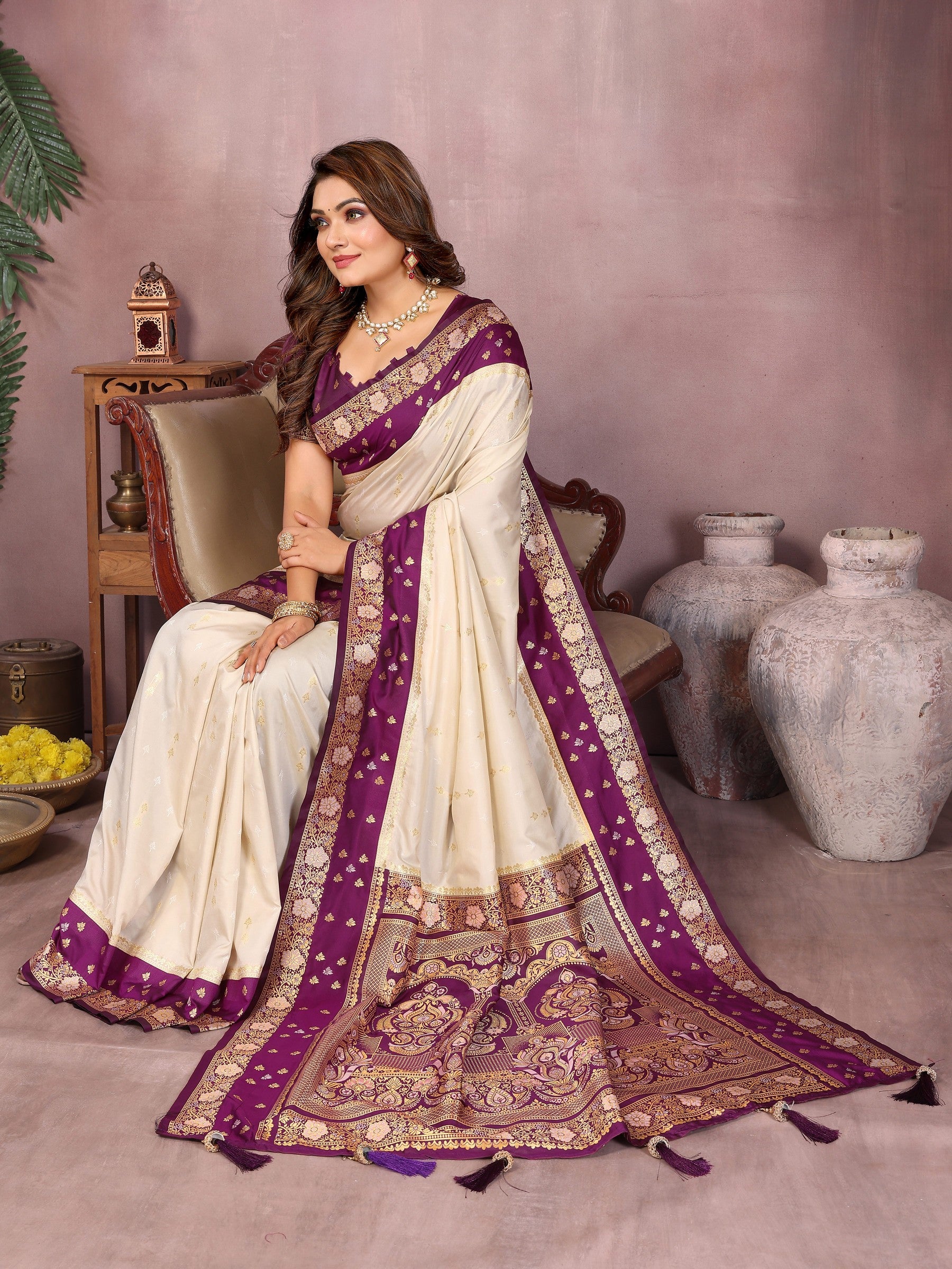 Anaita Beige Handloom Kalamkari Silk Saree With Zari Woven Work - Distacart