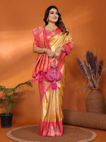 Thumbnail for Anaita Yellow Banarasi Tissue Silk Saree With Weaving Work - Distacart