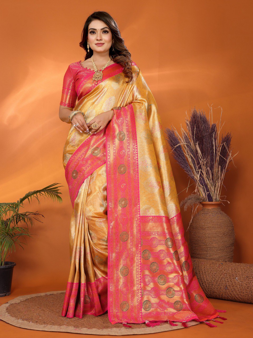 Anaita Yellow Banarasi Tissue Silk Saree With Weaving Work - Distacart