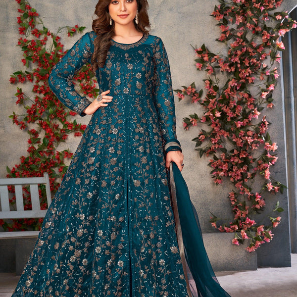 Anaita Teal Embroidered Butterfly Net Anarkali Suit - Distacart
