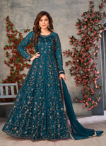 Thumbnail for Anaita Teal Embroidered Butterfly Net Anarkali Suit - Distacart