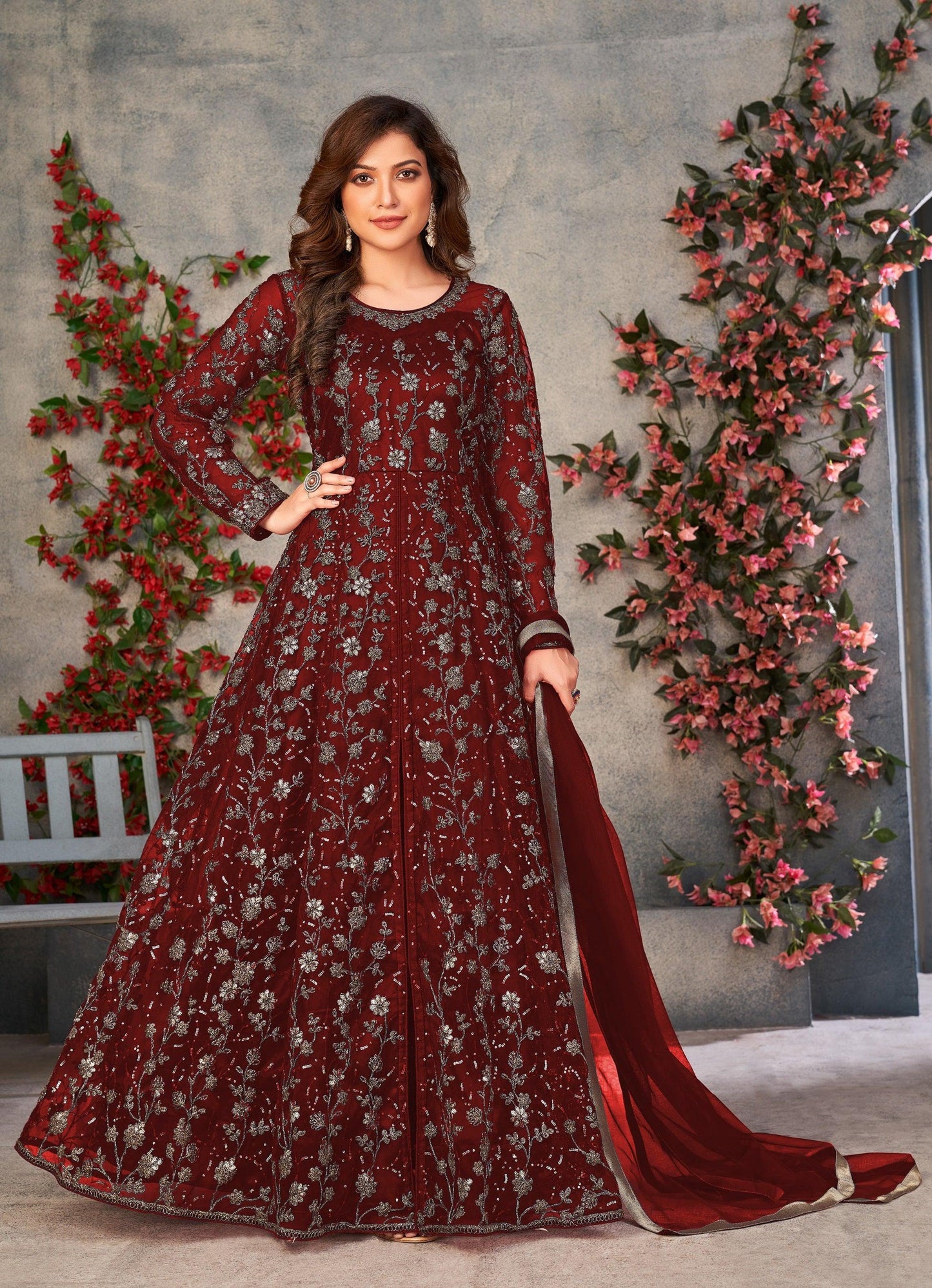 Anaita Maroon Embroidered Butterfly Net Anarkali Suit - Distacart