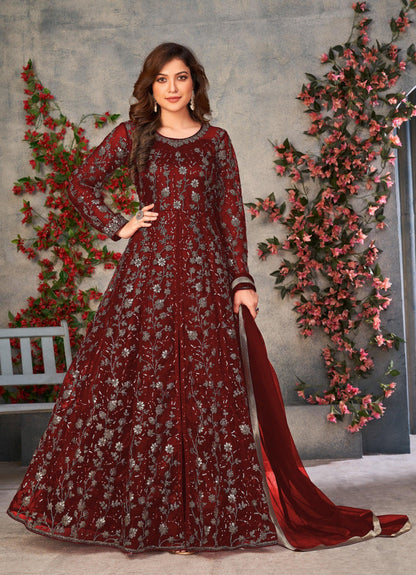 Anaita Maroon Embroidered Butterfly Net Anarkali Suit - Distacart