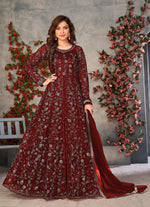 Thumbnail for Anaita Maroon Embroidered Butterfly Net Anarkali Suit - Distacart